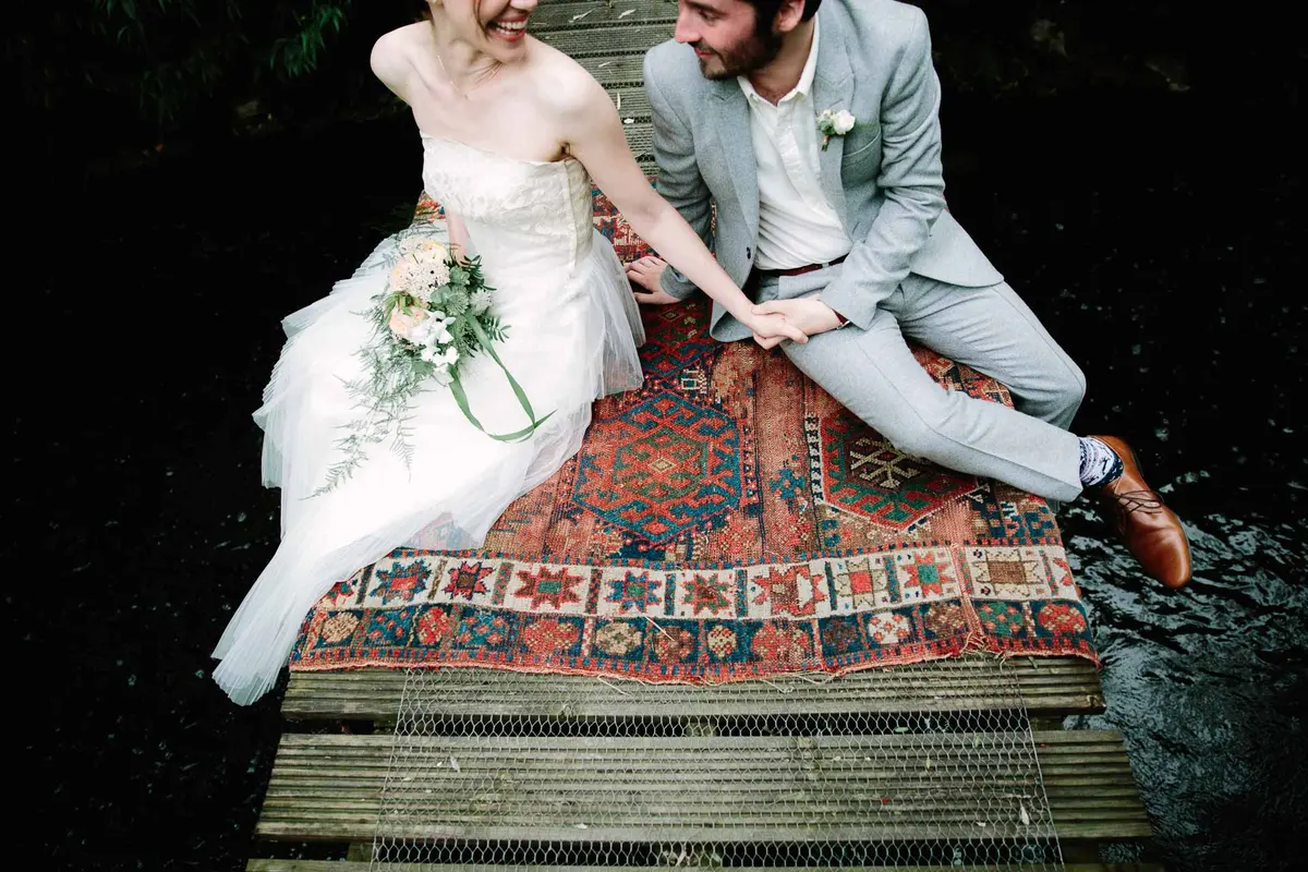 Bride and groom first look on bridge in Oxford