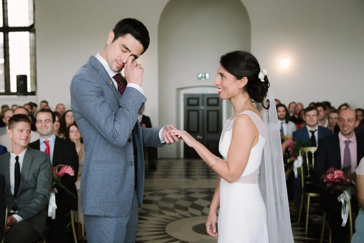 Tearful groom at his wedding ceremony in Oxfordshire