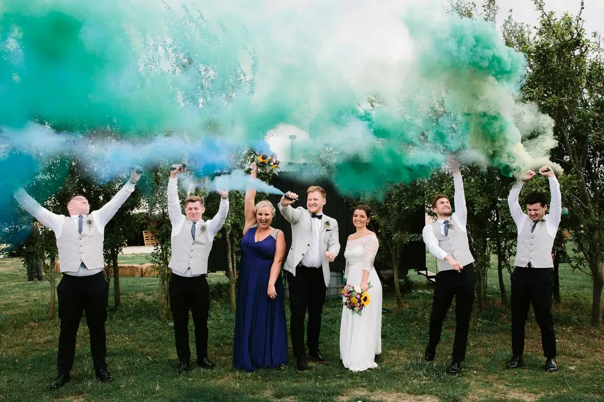 Bridal Party with Smoke Bombs at The Maybush pub