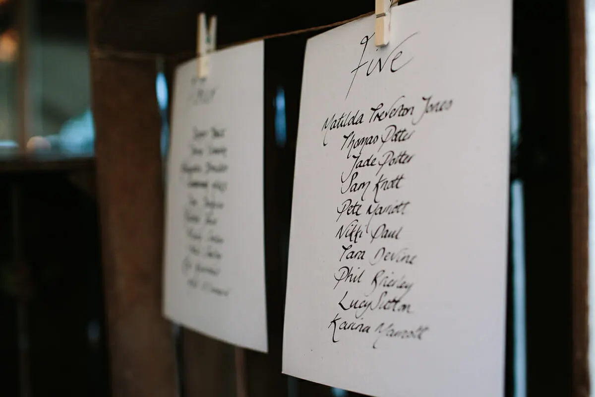 Handwritten table plan for table five pegged to a string in the barn