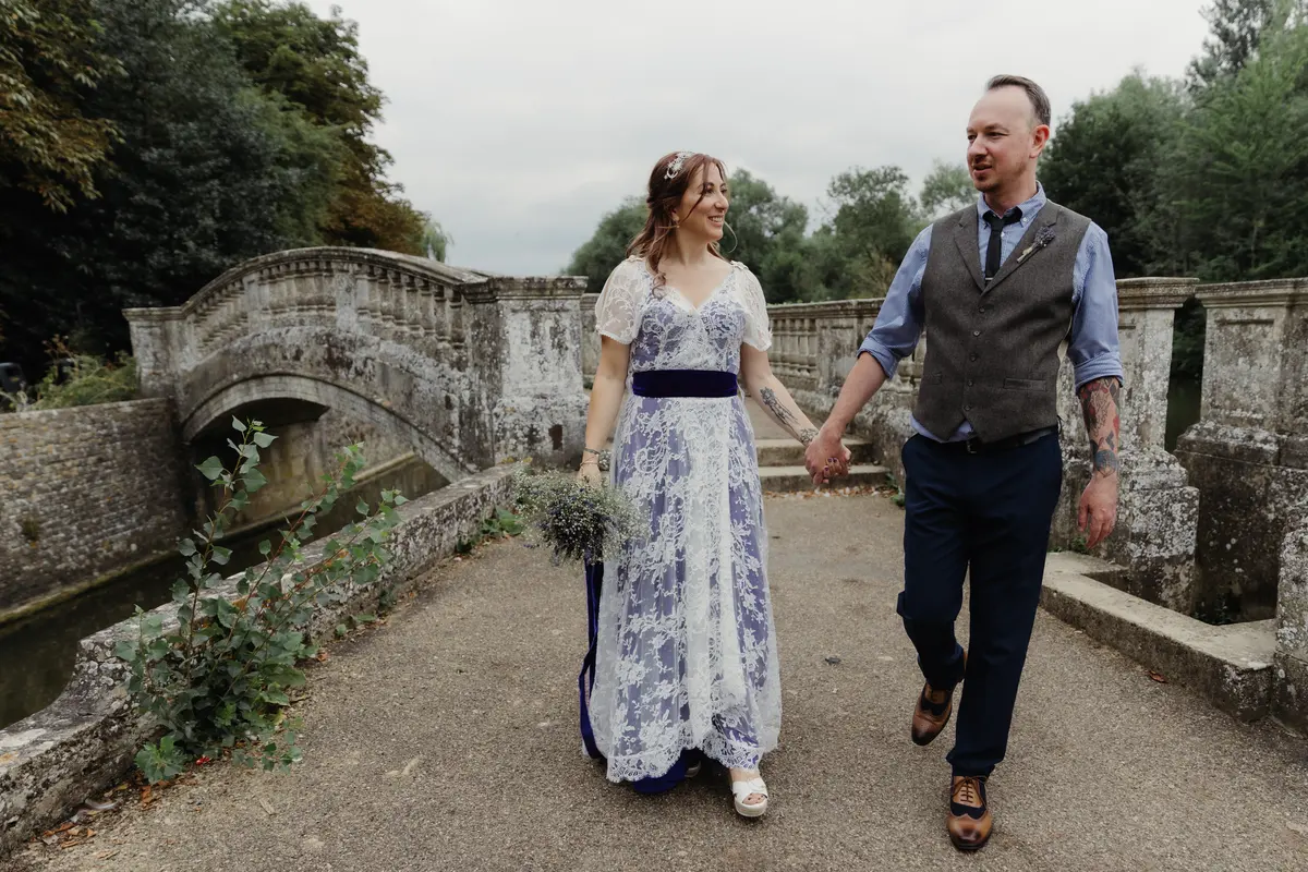 Couple just married in Oxford, riverside wedding venue Oxford