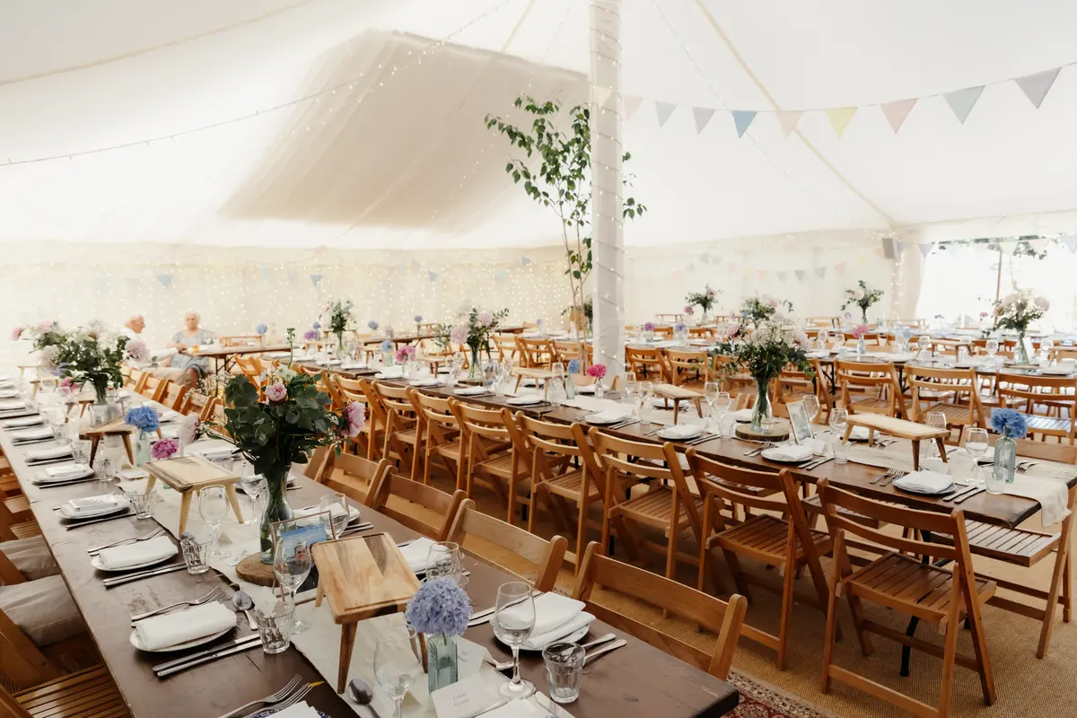 Wedding marquee at The Perch Oxford with tables and décor