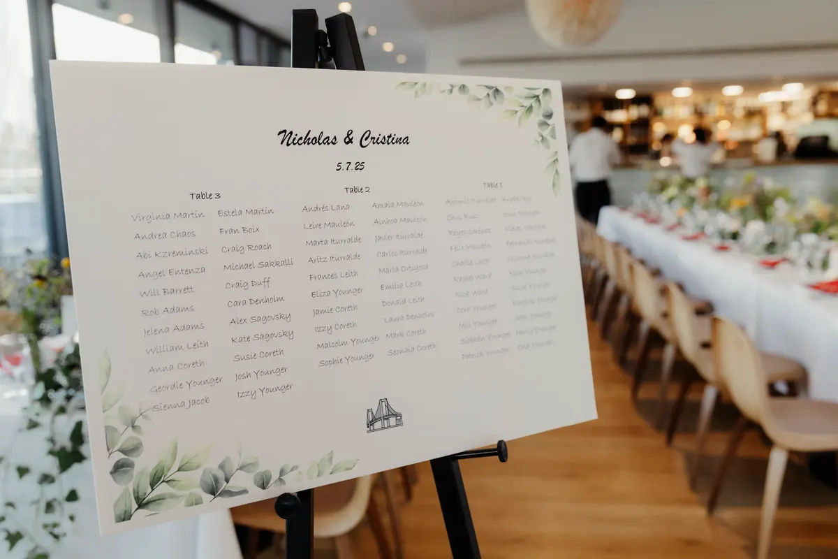 Table plan on an easel in front of long dining tables set for the wedding breakfast