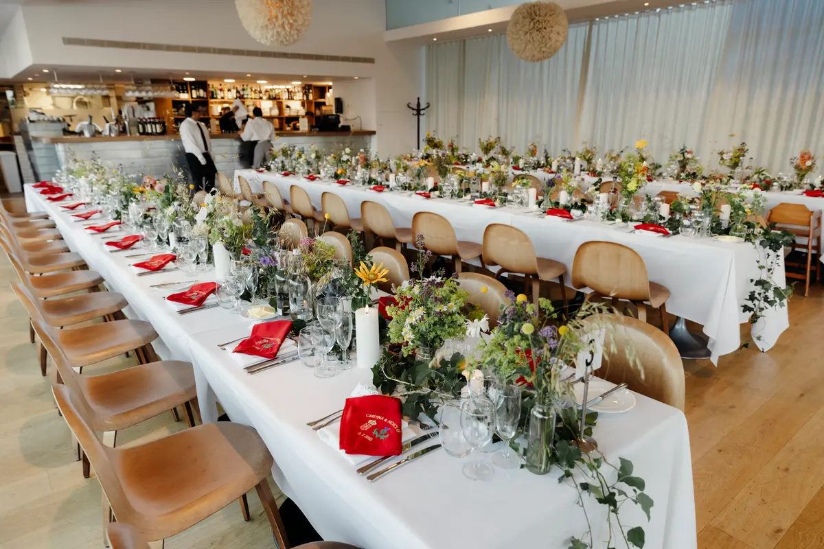 Wedding breakfast on Ashmolean rooftop terrace overlooking Oxford city skyline