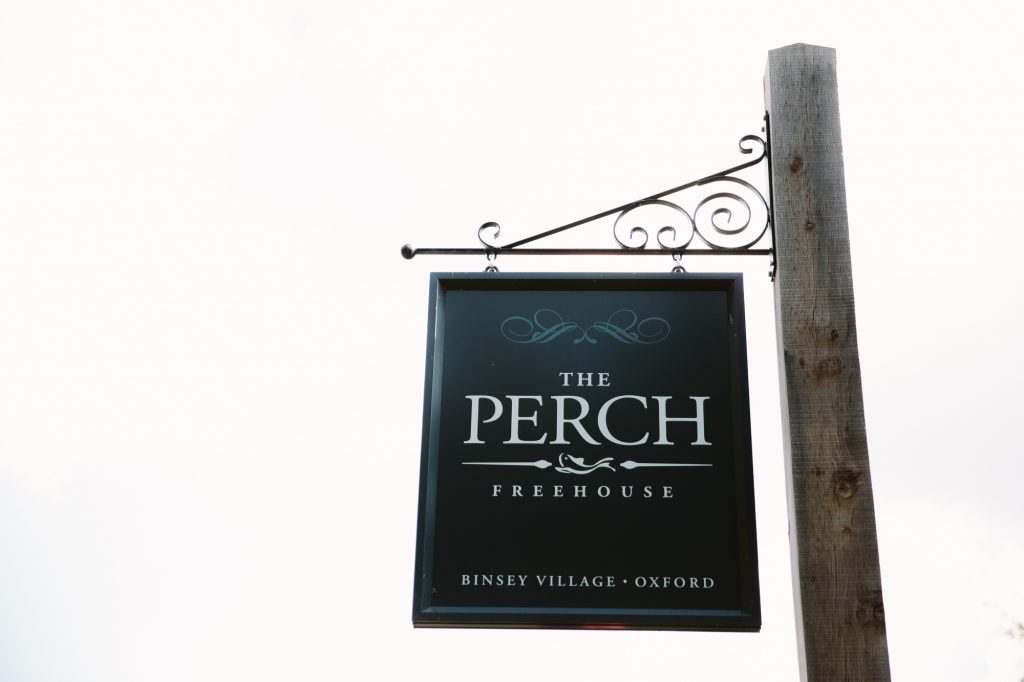 The sign of The Perch Public House in Oxford, good for weddings